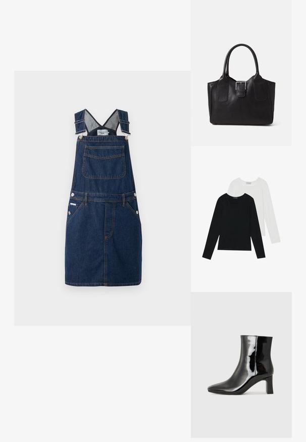 Vestido de tirantes de mezclilla en azul oscuro, con tirantes ajustables, bolsillo frontal y detalles de botones laterales con costuras en color naranja.; Dos camisetas de manga larga, una negra y otra blanca, ambas con escote cuadrado y confeccionadas en un tejido suave y elástico.; Botín de charol negro con punta afilada y un tacón de bloque de altura media. Textura suave y diseño minimalista.; Bolso tote de cuero negro con textura suave, forma estructurada, dos asas y un prominente detalle de hebilla plateada en la parte frontal.