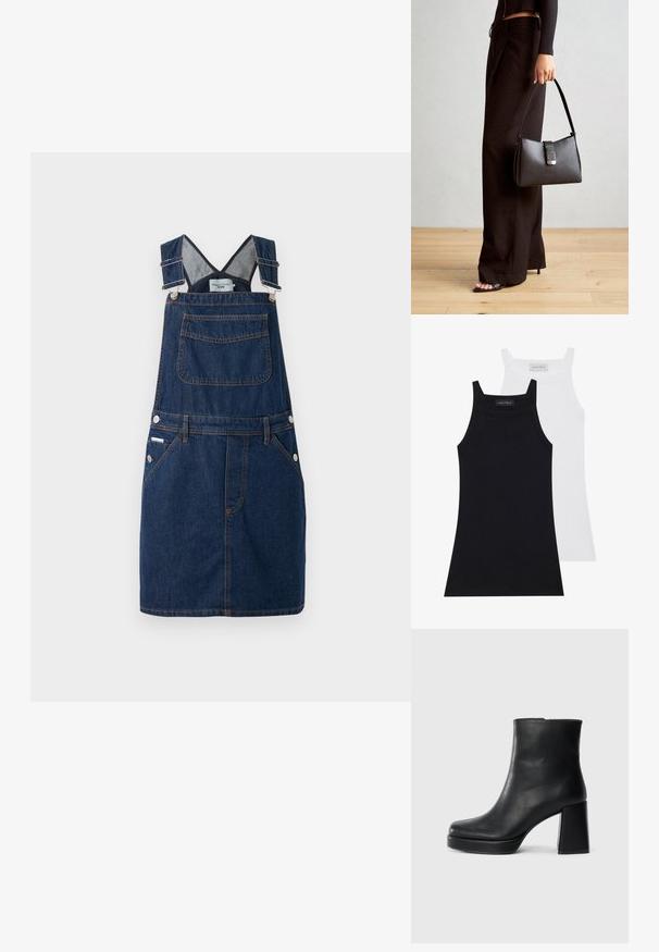Traper haljina na bretelama u tamnoplavoj boji, s podesivim trakama, prednjim džepom i detaljima dugmadi sa strane, uz narandžaste šavove.; Dva bezrukavnih topa u crnoj i bijeloj boji. Izrađeni su od mekog, rastezljivog materijala s rebrastom teksturom i prilagođenim dizajnom. Imaju uske naramenice.; Crna kožna čizma do gležnja s blok petom i platformom, prikazana s bočne strane na jednostavnoj bijeloj pozadini.; Crna torba s oblikom koji sadrži strukturu, glađu teksturu i metalnu kopču. Uparena s širokim crnim hlačama i sandalama na otvorenom s drvenog poda.; Crna torba s oblikom koji sadrži strukturu, glađu teksturu i metalnu kopču. Uparena s širokim crnim hlačama i sandalama na otvorenom s drvenog poda.