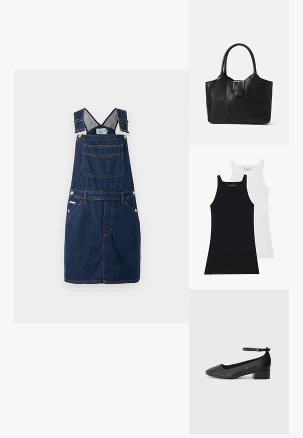 Vestido de tirantes de mezclilla en azul oscuro, con tirantes ajustables, bolsillo frontal y detalles de botones laterales con costuras en color naranja.; Dos camisetas sin mangas en negro y blanco. Están hechas de una tela suave y elástica con una textura acanalada y un diseño ajustado. Cuentan con tirantes estrechos.; Zapato de tacón negro de cuero con punta afilada y tacón bajo cuadrado. Presenta una correa para el tobillo con una hebilla en tono dorado. Textura suave.; Bolso tote de cuero negro con textura suave, forma estructurada, dos asas y un prominente detalle de hebilla plateada en la parte frontal.