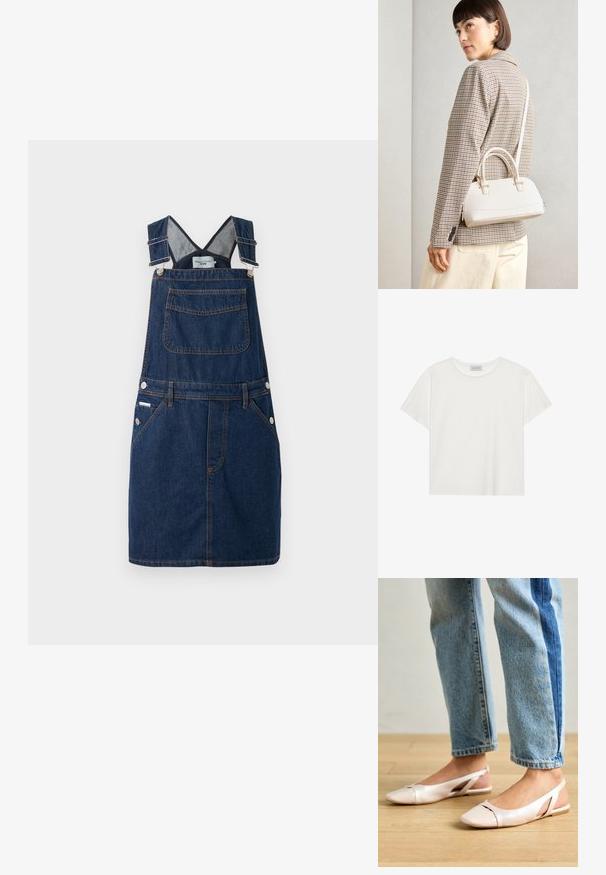 Robe salopette en denim bleu foncé, dotée de bretelles réglables, d'une poche frontale et de détails de boutons sur les côtés avec des accents de couture orange.; T-shirt blanc à manches courtes en coton doux. Présente un col rond et une coupe décontractée. Design épuré sans motifs ni accents visibles.; Ballerines slingback rose pâle avec un bout pointu, fabriquées en un matériau semblable au cuir lisse. Présentent des découpes sur les côtés et un talon plat.; Sac à main structuré blanc avec de courtes poignées et une bandoulière, doté de accents en métal doré et d'un matériau texturé, présenté sur un fond gris.