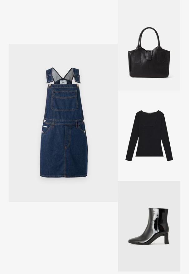Vestido macacão em denim azul escuro, com alças ajustáveis, bolso frontal e detalhes de botões laterais com costuras em laranja.; Top preto de manga longa com textura canelada, apresentando um decote quadrado e formato ajustado. Inclui uma etiqueta com a inscrição "ANNA FIELD."; Botim de tornozelo em pele sintética preta com bico apontado e salto bloco de altura média. Textura suave e design minimalista.; Bolsa tote de couro preta com textura suave, forma estruturada, duas alças e um destaque prateado proeminente na parte da frente.