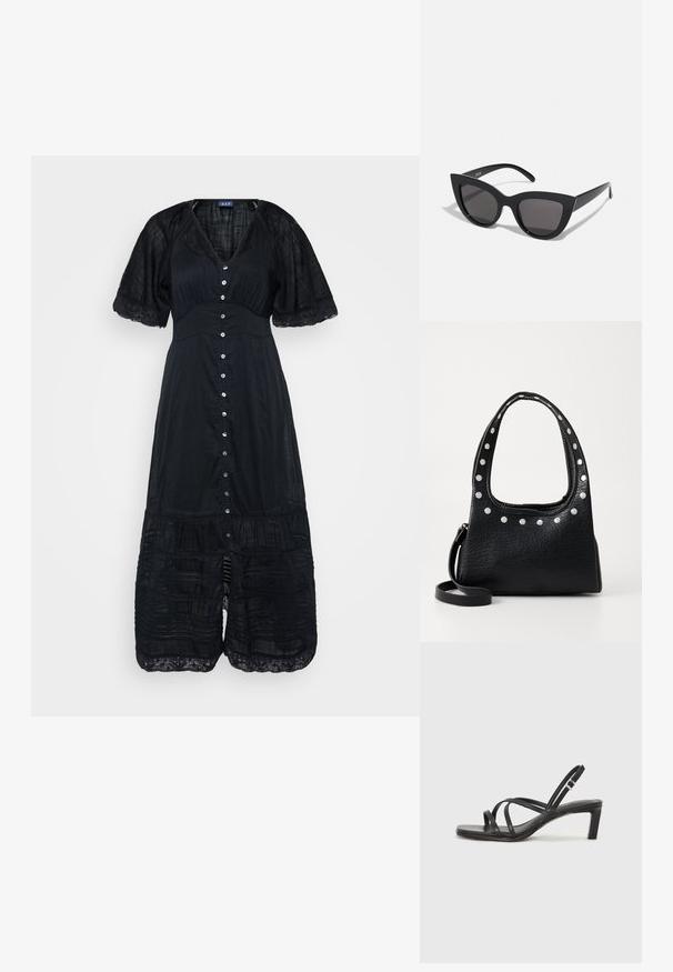 Rochie neagră cu decolteu în V, mâneci scurte și închidere cu nasturi. Prezintă dantelă la margine și volane în trepte la tiv. Material ușor, texturat.; Sandal cu barete negre, cu vârf pătrat și toc mic de bloc. Prezintă mai multe barete subțiri și o bareta ajustabilă la gleznă. Fabricat din piele netedă.; Ochelari de soare negri, forma cat-eye, cu un finisaj mat, având lentile gri și unghiuri ascuțite, precum și brațe laterale elegante. Numele brandului este vizibil pe brațul interior.; Geantă din piele texturată neagră, cu bolțuri argintii de-a lungul marginii superioare și a mânerei, având o mână scurtă și o curea detasabilă.