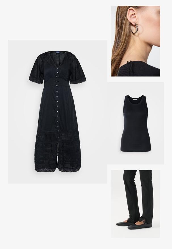 Juoda suknelė su V formos iškirpte, trumpomis rankovėmis ir mygtukų užsegimu. Papuošta nėriniuotu apvadu ir sluoksniuotais volanais apatinėje dalyje. Lengvas, tekstūruotas audinys.; Juodas tanktopas, pagamintas iš minkštos, elastingos medžiagos. Jame yra apykaklės forma ir plačios petnešos, su prigludusia siluetu ir lygiu paviršiumi.; Juodų odinių balerinų batų su smailiu priekiu, juostele su sidabro sagtimi, derinami su juodomis pritaikytomis kelnėmis, turinčiomis plyšinį hemą.; Sidabrinė lankinė auskarai su poliruotu paviršiumi, turintys mažus auksinius akcentus ir apvalią formą, dėvimi ant ausies kaušelio.