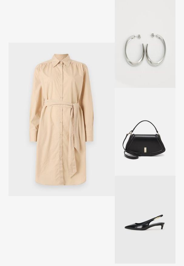 Beżowa sukienka koszulowa z bawełny, z guzikami z przodu, długimi rękawami, paskiem w talii i subtelnym plisowaniem na ramionach.; Czarne skórzane szpilki typu slingback z ostrym noskiem, posiadające smukły obcas i złoty akcent na regulowanym pasku. Gładka tekstura.; Czarna skórzana torebka o strukturalnym designie, z przyciętą formą, górnym uchwytem i złotymi akcentami. W zestawie regulowany pasek na ramię.; Srebrne kolczyki-hoop o gładkim, zakrzywionym designie. Posiadają błyszczące metaliczne wykończenie i zapięcie na sztyft. Brak widocznych wzorów lub akcentów.