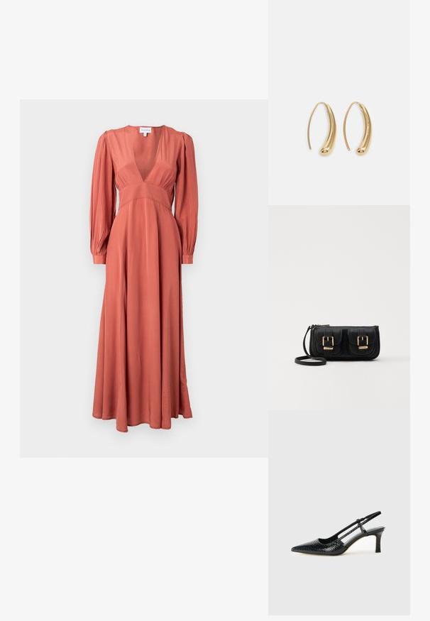 Vestido maxi em tecido terracota, apresentando um decote em V profundo, mangas longas e uma silhueta em A com um acabamento suave e sem padrões visíveis.; Salto slingback em patente preta com bico apontado, apresentando um padrão de pele de cobra texturizado, tira ajustável e um salto bloco curto e texturizado.; Bolsa de ombro em couro preto com dois bolsos frontais, fivelas douradas, fecho de zíper e uma alça fina. Superfície texturizada e forma retangular compacta.; Brincos em metal dourado com forma de arco alongado e curvado. Apresentam uma superfície lisa e brilhante, com uma ponta arredondada para um detalhe adicional.