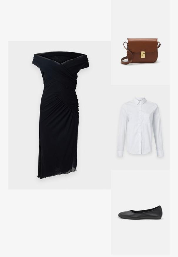 Melnas off-shoulder kleitas izgatavotas no mīksta auduma, ar ruchetu bodici un asimetrisku apakšējo malu, kas nodrošina pieguļošu siluetu.; Balts garās piedurknes krekls, izgatavots no kokvilnas. Tam ir pogājams priekšpuse, norādīta apkakle un krūšu kabata kreisajā pusē.; Melna ādas baleta kurpe ar noapaļotu purngalu, gludu tekstūru, minimālu šuvju detalizāciju un elastīgu zoles dizainu.; Bordo ādas rokas soma ar atloku, zeltītām detaļām, plecu siksnu un gludu virsmu. Kompakta, taisnstūrveida forma.