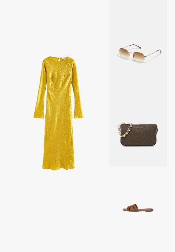 Next - Suknia balowa; Brązowe skórzane klapki z krzyżującymi się paskami, płaską podeszwą i gładką fakturą. Prosty design bez ozdób czy wzorów.; Złote metalowe okulary przeciwsłoneczne z ośmiokątną ramką, gradientowymi brązowymi soczewkami oraz akcentami w kolorze żółwia na zausznikach. Lekka konstrukcja.; Brązowa skórzana torebka na ramię z wzorem logo, złotym łańcuszkiem na pasku, zapięciem na zamek błyskawiczny oraz złotymi akcentami. Kompaktowy i prostokątny kształt.