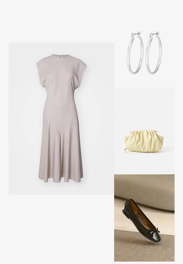 Bežna obleka s krošnjastim ovratnikom, kapicami in razširjenim hemom. Narejena iz teksturirane tkanine, ki vsebuje podroben šivni detajl na pasu.; Črna balerinka iz usnja z zaobljenim prstom in tkanim lokom, notranjost z leopardjim vzorcem. Gladek videz in tanek profil.; Rumena nabirana torbica iz gladke umetne kože, ki ima mehko obliko, en ramenski trak in nabran vrhnji del.; Srebrni obroči za ušesa z gladko, polirano površino. Okrogla oblika in varna zaponka s klikom. Lahka zasnova, primerna za vsakodnevno nošenje.
