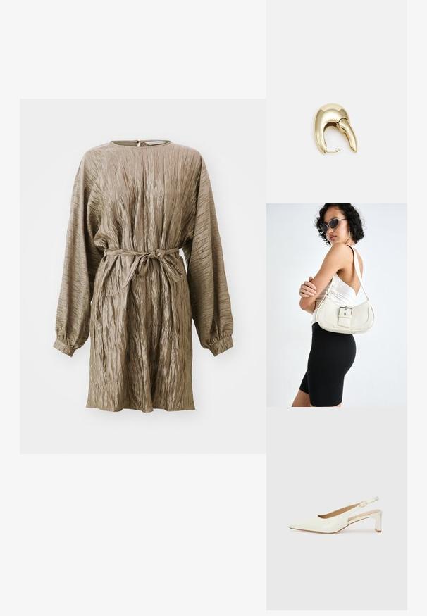 Brūns, teksturēts kleitas izskats ar garām piedurknēm un auklu viduklī. Iezīmē apaļu kakla izgriezumu un sakrautā dizaina, nodrošinot brīvu piegriezumu.; Balta patent ādas sandale ar norādītu purngalu un zemu blokus papēdi. Satur smalku siksniņu ar zelta krāsas sprādzi.; Balta ādas rokassoma ar izliekta formu, regulējamu siksniņu un mazu sprādzi. Modelis valkā pieguļošu melnu apģērbu.; Zeltīti metāla auskari ar gludu, izliekta dizaina. Ar atšķirīgu smailu formu, pulētu virsmu un eņģu aizdari.