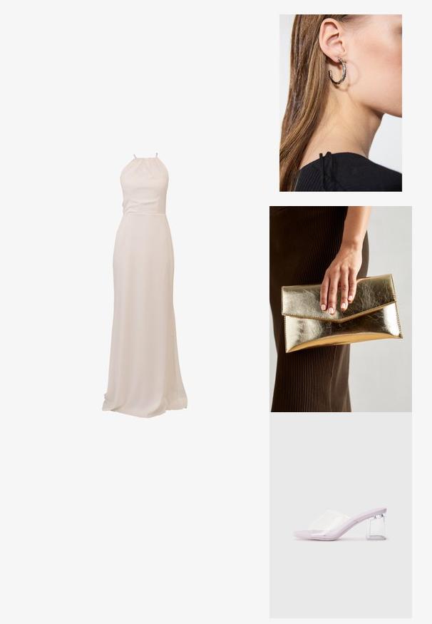 Dolga halterneck obleka iz mehkega kremastega blaga. Gladka tekstura, oprijet pas in tekoča krilo z rahlim repom. Minimalističen dizajn.; Lila sandala na visokom potplatu s prozirnim plastičnim gornjim dijelom i prozirnim blok petom. Glatka tekstura, otvoreni dizajn prstiju, minimalistički oblik.; Zlatna metalna torbica s glatko teksturo, ki ima trikotno zapiranje. Roka, ki jo drži, ima lepo urejene nohte.; Srebrna obročasta uhana s polirano površino, ki vključuje majhne zlate poudarke in okroglo obliko, nošena na ušesnem lobu.