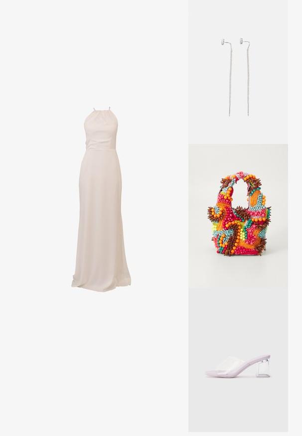 Ilgas, kaklo raišteliu sukurtas suknelė iš minkštos, grietinėlės spalvos medžiagos. Lygi tekstūra, prigludusi liemenė ir tekanti sijonas su nedideliu traukiniu. Minimalistinis dizainas.; Šviesiai violetinės aukštakulnės šlepetės su skaidriu plastikiniu priekiniu sieneliu ir permatomu blokiniu kulnu. Lygus paviršius, atviras pirštų dizainas, minimalistinė forma.; Karoliukų rankinė, pasižyminti ryškiomis spalvomis: rožinė, oranžinė, mėlyna ir ruda. Tekstūruotas paviršius su apvaliais karoliukais ir organinėmis formomis, tvirtos rankenos.; Sidabrinės kabantis auskarai su plonu, tinklelio tipo grandinės dizainu ir tiesiais strypo akcentais, turinčiais drugelio užsegimus, užtikrinančius saugų užsegimą.