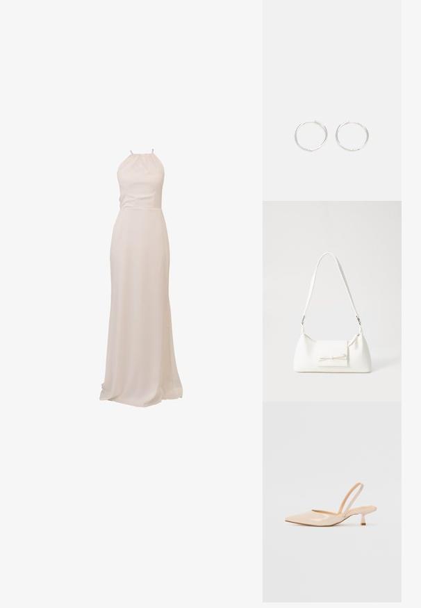 Ilgas, kaklo raišteliu sukurtas suknelė iš minkštos, grietinėlės spalvos medžiagos. Lygi tekstūra, prigludusi liemenė ir tekanti sijonas su nedideliu traukiniu. Minimalistinis dizainas.; Bežinės patentinės odos slingback kulniukai su smailiu priekiniu kraštu ir prašmatniu kvadratiniu kulnu. Lygus paviršius ir minimalizmo dizainas be puošmenų.; Balta sintetinė rankinė trikampio formos, plokščiu priekiu su užsegimu, kaspino detale, reguliuojama dirželiu, lygia tekstūra ir minimalistišku dizainu.; Sidabrinės auskarai žiedai su sėslia, apvalia forma, pasižymintys lygia paviršiumi ir be matomų puošmenų. Svoris nenurodytas.