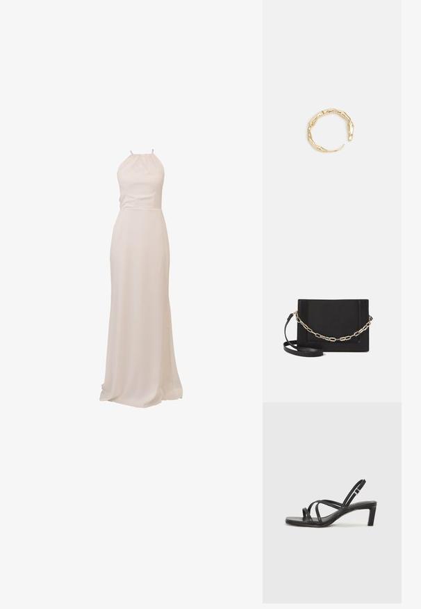 Garšs, halter-stila kleita maiga krēmkrāsas auduma. Gluda tekstūra, pieguļošs krokojums un plūstoša svārku daļa ar nelielu vilcienu. Minimālistisks dizains.; Melnas strappy sandales ar kvadrātveida purngaliem un zemu bloku papēdi. Ievērojamas ar vairākiem plāniem siksniņām un regulējamu potītes siksniņu. Izgatavotas no gludas ādas.; Melna ādas crossbody soma ar gludu faktūru, taisnstūrveida formu un metalizētu ķēdes detaļu priekšā. Iekļauta regulējama siksna.; Zelta toņa gredzens ar organisku, vērptu dizainu, gludu virsmu un sašaurinātiem galiem, radot mūsdienīgu, skulpturālu izskatu.