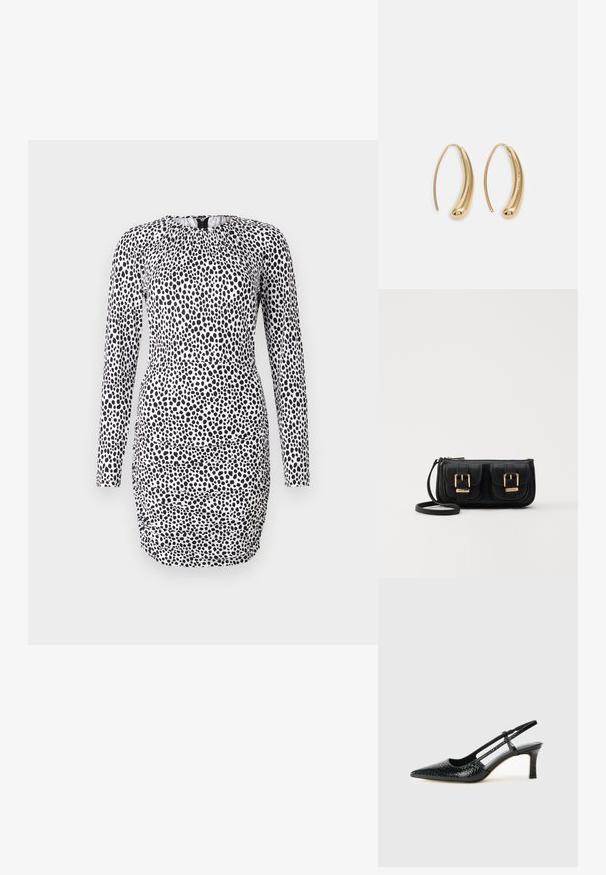 Vestido de manga larga con un patrón de lunares en blanco y negro, que presenta un escote fruncido y una silueta ajustada con detalles fruncidos.; Tacón slingback negro de charol con punta afilada, que presenta un estampado de serpiente texturizado, correa ajustable y un tacón bloque corto y texturizado.; Bolso cruzado de cuero negro con dos bolsillos frontales, hebillas doradas, cierre de cremallera y una correa delgada. Superficie texturizada y forma rectangular compacta.; Pendientes de aro de metal en tono dorado con una forma curva y alargada. Presentan una superficie lisa y brillante y una punta redondeada para mayor detalle.
