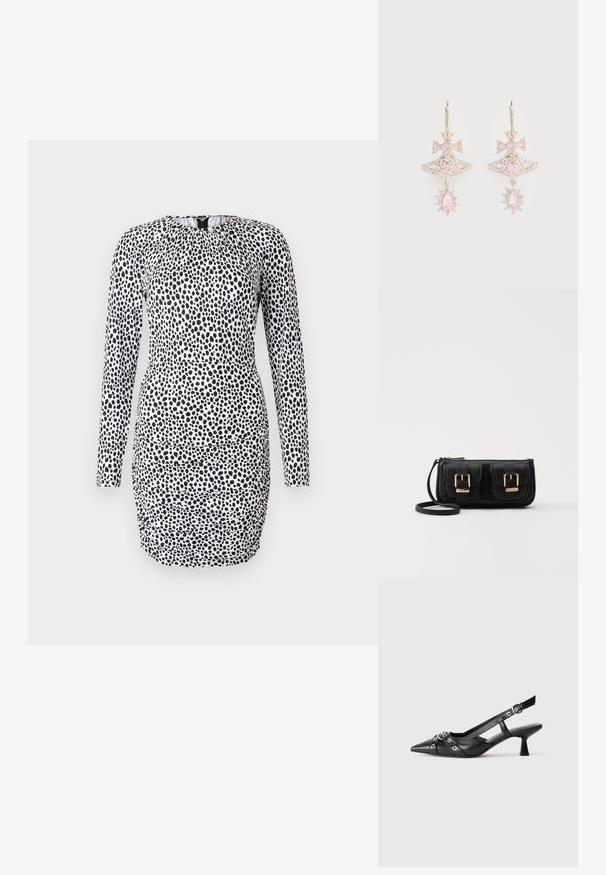 Rochie cu mânecă lungă, într-un model cu pete alb-negru, având un decolteu plisat și o siluetă ajustată cu detalii drapate.; Pantofii slingback din piele neagră, cu vârful ascuțit, curele decorative cu ochiuri din metal și toc bloc mic. Suprafață texturată.; Geantă neagră din piele, tip crossbody, cu două buzunare frontale, catarame aurii, închidere cu fermoar și o curea subțire. Suprafață texturată și formă rectangulară compactă.; Cercei din piatră prețioasă roz cu un design în formă de fundă, având o structură stratificată și accente strălucitoare; elementele metalice au o finisare lustruită.