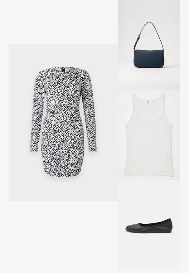 Ilga rankovė suknelė juodai baltu taškiniu raštu, su surinkta apykakle ir prigludusia siluetu, dekoruota raukšlėmis.; Balta berankovė marškinė su švelniu, raukšlėtu audiniu; turi plonas petnešas ir apvalų iškirpimą, etiketėje užrašyta „FRAME“. ; Juodai odiniai baletai su apvaliu pirštu, lygi texture, minimalus siuvimo detales ir lanksčiu padų dizainu.; Tamsiai mėlyna sintetinio odos rankinė su auksinės spalvos logotipu, užtrauktuko uždarymu ir reguliuojama petine juostele, pasižyminti lygaus paviršiaus ir stačiakampio formos.