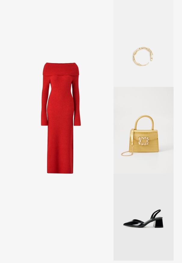 Ellos Collection Maxikjoler - rot; Sorte patentlæder slingback hæle med spids tå og en geometrisk blok hæl. Har et elegant, minimalistisk design og en glat tekstur.; Gul faux-krokodille skuldertaske med struktureret design, top-håndtag, aftagelig kædetraske og dekorativ krystaldekoration på låsen.; Guld-tone ring med et organisk, snoet design, glat overflade og affasede ender, hvilket skaber et moderne, skulpturelt udseende.