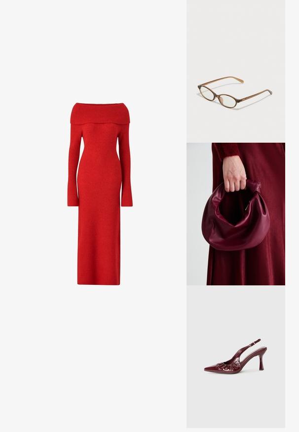 Ellos Collection Maxikleid - rot; Burgunderfarbene Lackleder Slingback-Pumps mit spitzem Schuh und Rüschendetails, ausgestattet mit einem schlanken Absatz und einem verstellbaren Knöchelriemen.; Braune Schildpatt-Brille mit ovalen Gläsern, dünnen Bügeln und transparenten Akzenten. Verfügt über ein dezentes Logo am Bügel. Elegantes, leichtes Design.; Burgunderleder-Handtasche mit einem weichen, gerafften Design und einer gerundeten Form. Der Griff ist gesichert und zeigt eine glatte Textur.