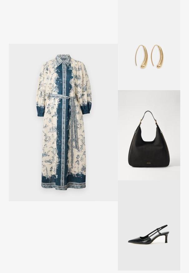 Dlhé košeľové šaty z krémovej a modrej tkaniny, s kvetinovými a krajinomalebnými vzormi. Obsahujú golier, nadýchané rukávy a zodpovedajúci opasok.; Čierne patentové slingback topánky na ihlovom podpätku s špicatou špičkou, s textúrovaným hadím vzorom, nastaviteľným popruhom a krátkym, textúrovaným blokovým podpätkom.; MICHAEL Michael Kors NOLITA HOBO  - Kabelka - black; Náušnice vo forme zlatých kovových kruhov s zakriveným, predĺženým tvarom. Majú hladký, lesklý povrch a zaoblený koniec pre pridanie detailu.