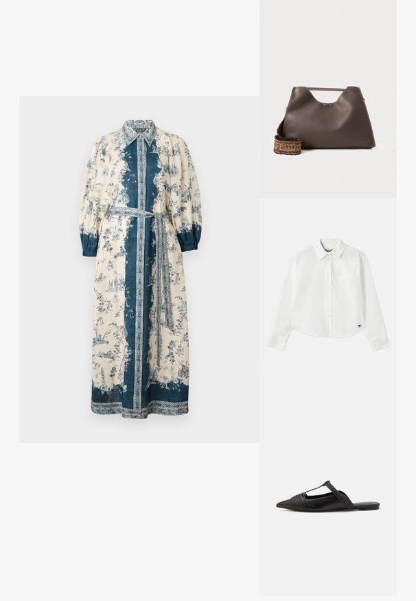 Langes Hemdkleid aus cremefarbenem und blauen Stoff, mit floralen und Landschaftsmustern. Es hat einen Kragen, Puffärmel und einen passenden Gürtel.; Weißes, kurzes Langarmhemd aus Baumwolle. Verfügt über eine durchgehende Knopfleiste, eine Brusttasche und ein kleines schwarzes Logo unten links.; Schwarzer Leder-Slingback-Schuh mit spitzem Zehenbereich, ausgestattet mit einem geflochtenen Akzent und einem gefalteten Oberdesign. Flache Sohle mit minimalem Zubehör.; Braune Lederhandtasche mit strukturiertem Finish, kantigem Design und einem markanten oberen Griff. Verfügt über ein gemustertes, geflochtenes Riemendetail.