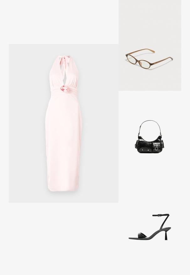Jasnoróżowa sukienka na ramiączkach wykonana z gładkiego materiału, z głębokim dekoltem w kształcie V, marszczonym talią z różą oraz dopasowaną sylwetką.; Bershka - Sandały na obcasie; Brązowe okulary w motyle z owalnymi soczewkami, cienkimi ramionami i przezroczystymi akcentami. Posiadają subtelne logo na zauszniku. Smukły, lekki design.; Czarna torebka z lakierowanej skóry o zaokrąglonym kształcie, z jednym paskiem na ramię, przednimi kieszeniami i akcentami w kolorze srebrnym.