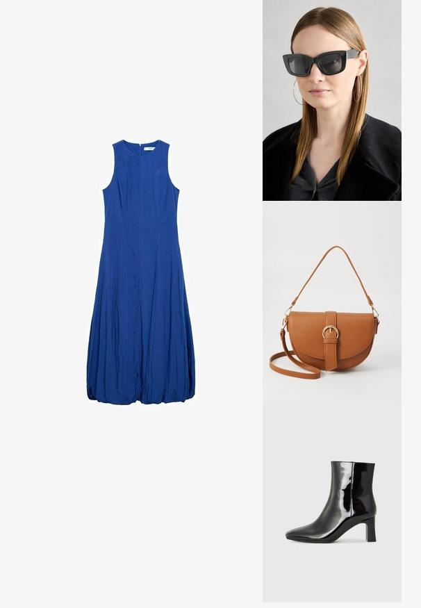 Blå ärmlös klänning med hög hals, strukturerad tyg och A-linjeform. Har en dragkedja bak och rynkad nederkant.; Svart lackläder ankelboot med spetsig tå och en medelhög klack. Slät textur och minimalistisk design.; Svarta katterformade solglasögon med mörka linser, tjocka bågar och subtila detaljer. Bärs tillsammans med en svart kappa och en grå topp, med långt rakt hår.; Brun läder crossbody-väska med en böjd form, gyllene detaljer och en spänneaccent. Har en avtagbar axelrem.