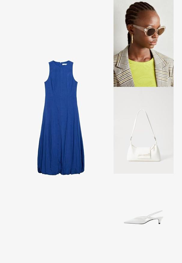 Plava bezrukava haljina s visokim izrezom, teksturirana tkanina i A-linijski kroj. Ima zatvarač na leđima i skupljeni donji rub.; Bijela slingback potpetica s oštrom punta, koja ima glatki gornji dio, suptilne izreze i nisku blok potpeticu. Crna potplata naglašava dizajn.; Prozirne mačkaste sunčane naočale s smešnim lećama i transparentnim okvirom. Manekenka nosi zeleni rebrasti top i karirani blejzer. Zlate kružne naušnice.; Bijela sintetička torbica s trokutastim oblikom, ravnim prednjim poklopcem i detaljem u obliku mašne, podesivom remenom, glatkom teksturom i minimalističkim dizajnom.