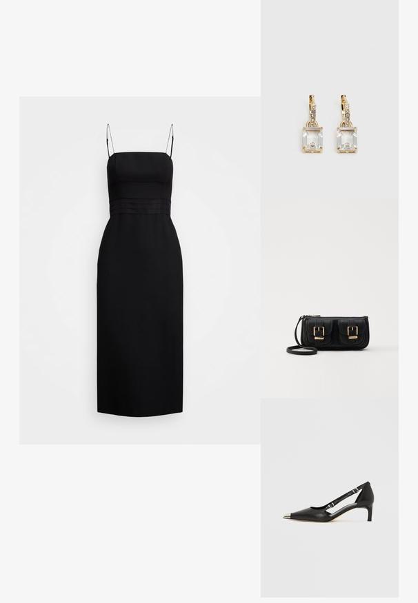 Crna midi haljina od glatkog materijala, sa pripijenim korzetom, tankim trakama i detaljima šavova u struku.; Crni kožni kitten heel s nazubljenim srebrnim vrhom i dvostrukim remenčićima na bijeloj pozadini.; Crna kožna torba preko ramena s dva prednja džepa, zlatnim kopčama, zatvaranjem na zip i uskim remenom. Teksturirana površina i kompaktan pravokutan oblik.; Zlatne naušnice s pravokutnim, prozirnim kristalom koji visi ispod niza malih, okruglih prozirnih akcenata. Elegantni, moderni dizajn.