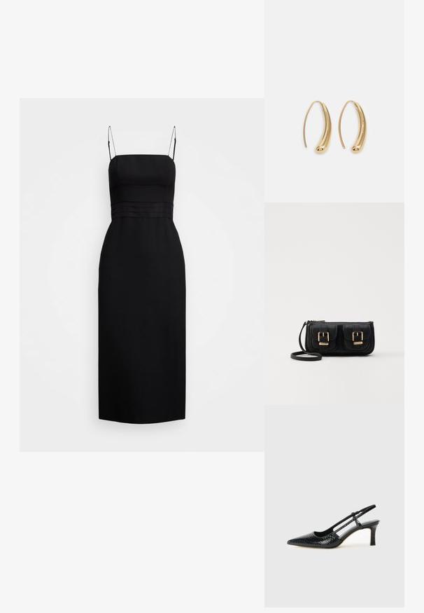 Black midi dress made of smooth fabric, featuring a fitted bodice with thin straps and seam detailing at the waist.; Black patent slingback heel with a pointed toe, featuring textured snake print, adjustable strap, and a short, textured block heel.; Black leather crossbody bag with two front pockets, gold buckles, zipper closure, and a slim strap. Textured surface and compact rectangular shape.; Gold-tone metal hoop earrings with a curved, elongated shape. Features a smooth, shiny surface and a rounded tip for added detail.