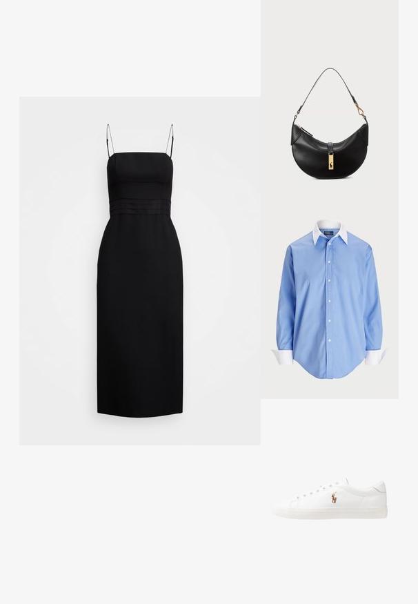 Fekete midi ruha sima anyagból, amely vékony pántos, testhez simuló felsőrésszel és derékvonal mentén varrásokkal rendelkezik.; Világoskék, hosszú ujjú ing, fehér, kontrasztos gallérral. Simább textúrával és öt elülső gombbal rendelkezik.; Fehér bőr sportcipők, alacsony fazonban, sima textúrával, kerek orral, fűzős előlappal és egy kis hímezett logóval az oldalon.; Fekete bőr kézitáska félhold alakú formában. Aranyszínű fémrészekkel és keskeny pánttal rendelkezik. Simább felület, cipzáras záródás a tetején.