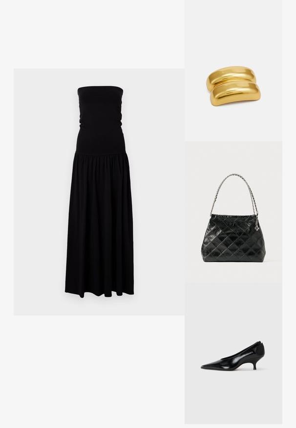 Crna maksi haljina bez naramenica od mekog, rastezljivog materijala. Prilagođeno tijelo s nabranu suknjom, lepršavim materijalom i glatkom teksturom.; Crne kožne cipele s visokom potpeticom i šiljastim prstom, niskom potpeticom, elegantnim dizajnom i glatkom teksturom. Imaju stil za lako obuvanje bez vidljivih metalnih detalja.; Crna prešivana kožna torba s ručkom od srebrnog lanca, sa strukturiranim dizajnom i glatkom teksturom.; Zlatni metalni držač za kosu s glatkim, zaobljenim dizajnom. Površina je refleksivna i ima spojeni, zakrivljeni oblik bez dodatnih ukrasa.