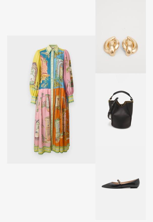 Barevné dlouhé šaty s různými vzory v modré, růžové, oranžové a žluté barvě, s knoflíkovým zapínáním vpředu a šňůrkou v pase. Elegantní, strukturovaná látka.; Černé kožené baleríny s špičatou špičkou a bočním páskem, který má kulatý zlatý akcent. Lehká konstrukce s plochou podrážkou.; Černá kožená kabelka ve tvaru vědra s texturovaným povrchem, zlatými kovovými akcenty a otevřeným vrchem. Obsahuje krátkou rukojeť a nastavitelný ramenní popruh.; Náušnice ve zlatém tónu z kovu s točeným designem a hladkým, lesklým povrchem a zaoblenými tvary. Každá měří přibližně 5 cm.
