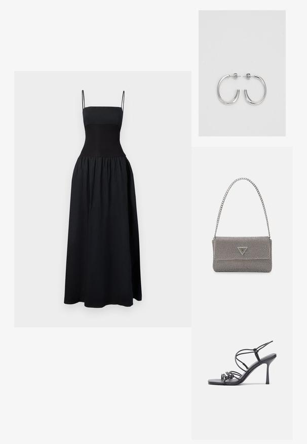 Black dress with thin straps and a fitted bodice. Flared, textured skirt extends to the floor, featuring a smooth, lightweight fabric.; Black high-heeled sandals feature thin straps with a knotted design, a smooth square toe, and a sleek stiletto heel.; Light gray metallic handbag featuring a chain strap, embellished with small circular metallic studs and a triangular brand logo.; Silver hoop earrings with a smooth, shiny finish. Rounded shape, lightweight design, featuring a post-back closure.
