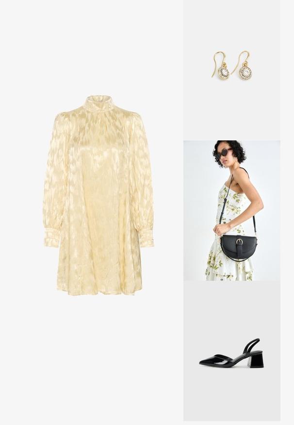 Gestuz DALILA - Kokteilinė suknelė / vakarėlių suknelė - butter yellow; Juodos lakuotos odinės šlepetės su smailiu pirštu ir geometriniu bloko kulnu. Turi elegantišką, minimalistinį dizainą ir lygų paviršių.; Juodas odinis krepšys su išlenkta forma, nuimamu dirželiu ir auksiniais detalėmis. Krepšys turi kilpą su sagtimi.; Aukso spalvos auskarai su ovalo formos skaidriais kristalais, apjuostais mažesniais skaidriais akmenukais, su kabliuko dizainu, užtikrinančiu saugų dėvėjimą.