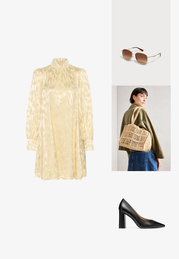 Gestuz DALILA - Juhlamekko - butter yellow; Kazar BLUEBELL - Korolliset avokkaat - black; Kultaiset metallikehyksiset aurinkolasit, joissa on gradienttiset ruskeat linssit. Ominaisena on ainutlaatuinen geometrinen muoto ja ruskeat yksityiskohdat varsissa. Kevyt muotoilu.; Vaalea kudottu vyyhtilaukku, jossa on suorakulmainen muoto, kaksi leveää kahvaa ja avoin verkkokuvio. Suunnittelussa on käytetty teksturoitua kangasta sekä tilava sisäosa.