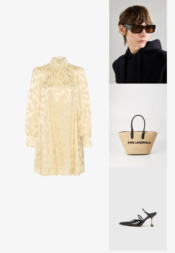 Gestuz DALILA - Kokteiļkleita/ballīšu kleita - butter yellow; Melna ādas kurpe ar smailu purngalu un diviem regulējamiem siksniņām, kā arī metāla papēdi. Gluda tekstūra un minimālistisks dizains.; Melni pārmērīgi lieli saulesbrilles ar spīdīgu apdari, taisnstūra formu, brūnu tonēšanu lēcām un zelta logotipa detaļām uz kājiņām.; Austa no salmiem izgatavota soma ar melnām ādas rokturiem un izšūtu "KARL LAGERFELD" tekstu. Dabiska krāsa ar strukturētu, sašaurinātu formu.