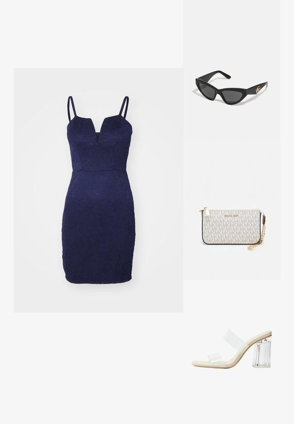 Tengerészkék csipkebársony ruha, amely fitted sziluettel, mély dekoltázzsal és vékony pántokkal rendelkezik. A ruhát texturált virágminták díszítik.; Átlátszó pántokkal, bézs talpbetéttel és vastag, átlátszó tömbsarokkal rendelkező, áttetsző sarokkal készült szandálok. Simább, letisztult dizájn, minimalista esztétikával.; Macska szemformájú napszemüveg matt fekete műanyag kerettel, sötét lencsékkel és arany logóval a szárán. Szögletes kialakítás és sima felület.; Michael Kors bézs bevonatos vászon karkötő, amely ismétlődő MK logó mintával, aranyszínű fémrészletekkel és levehető lánchordóval rendelkezik.