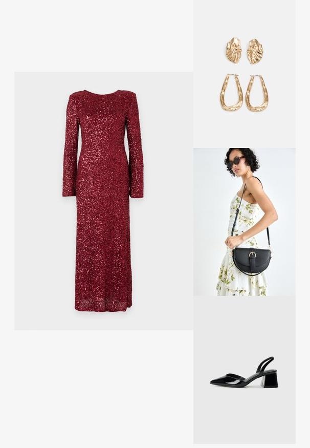 Rochie roșie cu mâneci lungi, acoperită cu paiete, având un decolteu rotund și o siluetă mulată, ce se extinde până la podea.; Pantofi cu toc slingback din piele lacuită neagră, cu vârf ascuțit și toc geometric. Prezintă un design elegant, minimalist și o textură netedă.; Geantă din piele neagră, cu o formă curbată, curea detașabilă și accesorii aurii. Geanta are un capac cu un detaliu tip cataramă.; Cercei aurii cu forme texturate și ondulate. Include studs sculpturale cu clip și un design de cerc deschis cu un finisaj cioplit.