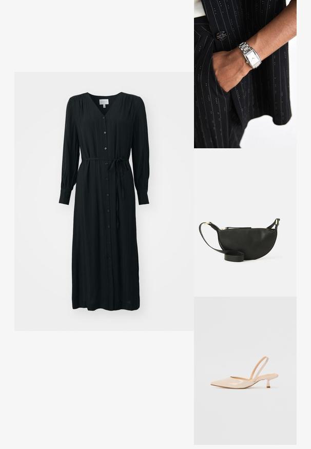 Black, long-sleeve dress made of lightweight fabric, featuring a v-neck, button-down front, and a tied waist detail with a slightly textured finish.; Beige patent leather slingback heels with pointed toe and a slim, square heel. Smooth texture and minimalist design with no embellishments.; Black leather crossbody bag with half-moon shape, textured surface, gold zipper, and a flat strap. Compact design suitable for essentials.; Silver rectangular watch with an elegant dial and diamond-like accents on a linked metal bracelet, worn with a black pinstripe suit.