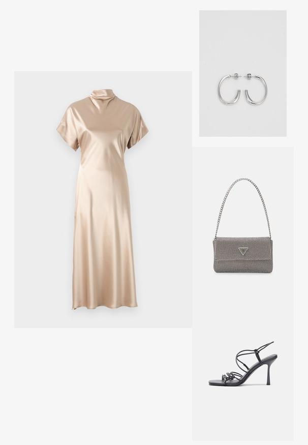 Malina ALIVIA MIDI - Koktélruha / Partiruha - champagne; Fekete magas sarkú szandálok vékony pántokkal, csomózott mintával, sima négyzetes orral és karcsú stiletto sarkal rendelkeznek.; Világosszürke fémes kézitáska lánc pánttal, kis kör alakú fém kifinomult díszítéssel és háromszög alakú márkagéppel.; Ezüst karika fülbevalók sima, fényes felülettel. Lekerekített forma, könnyű kialakítással, tűs zárómechanizmussal.