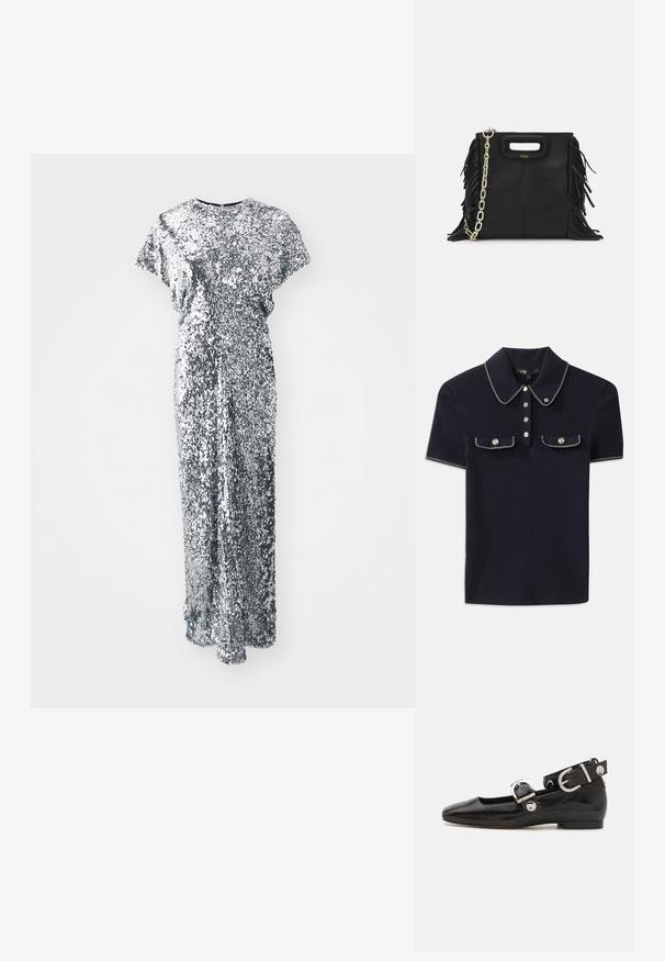 Ezüst flitteres hosszú ruha rövid ujjakkal, kerek dekoltázzsal és egyenes sziluettel. A textúra fényes és tükröző.; Sötétkék bordázott póló, hegyes gallérral, rövid ujjakkal és két elülső zsebbel, amelyek patentgombokkal záródnak; fehér varrási díszítésekkel kiemelve.; Fekete lakkbőr lapos cipő négyzet alakú orral, ezüst hardware-rel ellátott bokapánttal és lapos talppal. Simaságával és minimalista dizájnjával kiemelkedő.; Fekete bőr kézitáska, frufrus részletekkel, arany láncos vállpánttal és kivágott fogantyúval. Az elülső részen logó található.