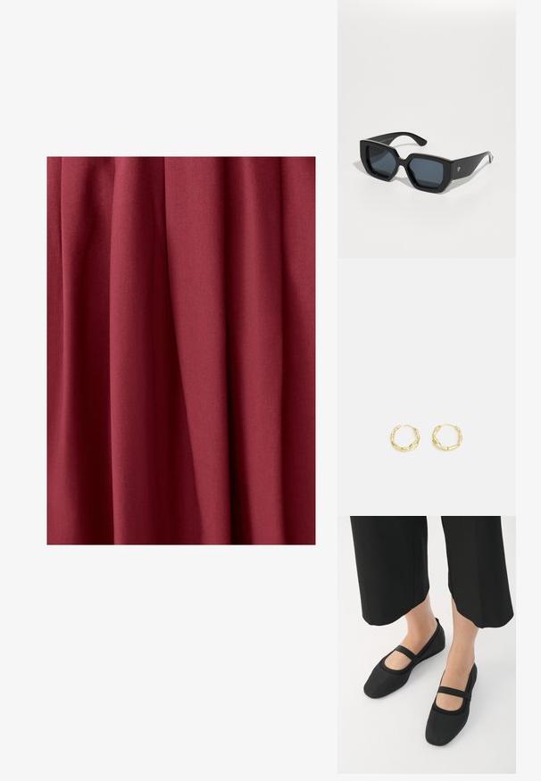 Burgundska tkanina s mekanom teksturom, koja se vizualno drapi, s suptilnim naborima i glatkom završnom obradom, pogodna za odjeću ili tapeciranje.; Crne balerinke od glatkog materijala, s okruglim vrhom i kontrastnom trakom preko sredine stopala. Ravni potplat, minimalistički dizajn.; Crne prevelike sunčane naočale s geometrijskim dizajnom, pravokutnim lećama i sjajnom završnom obradom. Nema vidljivog brendiranja sprijeda.; Zlatni naušnice od prstena s teksturiranom, nepravilnom površinom. Imaju lagan dizajn i kružni oblik, pogodni za svakodnevno nošenje.
