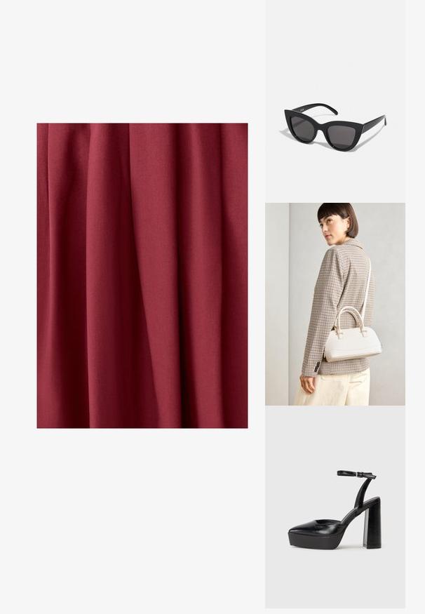 Burgundijas audums ar mīkstu tekstūru, vizuāli krītošs, ar maigiem krokiem un gludu apdari, piemērots apģērbiem vai mēbelēšanai.; Melnas platformas papēžs ar norādītu purngala formu un regulējamu potītes siksniņu. Izgatavotas no gludas ādas, ar masīvu bloku papēdi.; Melnas kaķa acs saulesbrilles ar matētu apdari, ar pelēkiem tonētiem stikliem, izteiktiem stūriem un elegantiem sānu rokturiem. Zīmola nosaukums redzams uz iekšējā roktura.; Balta strukturēta roku soma ar īsām rokturiem un plecu siksnu, ar zelta aparatūras akcentiem un strukturētu materiālu, izstādīta uz pelēka fona.; Zelta toņa gredzens ar organisku, vērptu dizainu, gludu virsmu un sašaurinātiem galiem, radot mūsdienīgu, skulpturālu izskatu.