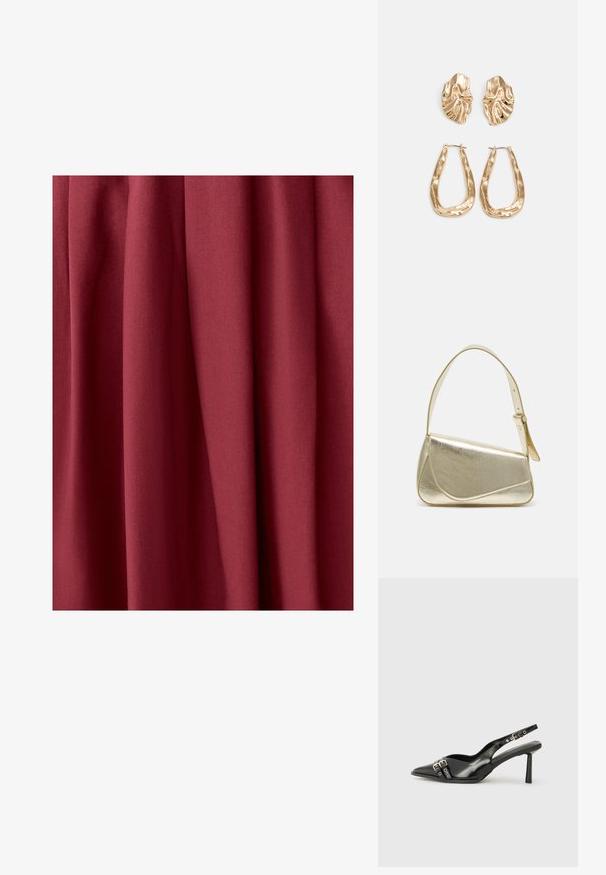Bordová tkanina s jemnou textúrou, vizuálne sa splýva, obsahuje jemné záhyby a hladký povrch, vhodná na oblečenie alebo čalúnenie.; Čierne lakované kožené slingback topánky s špicatou špičkou, remienkami okolo členku s striebornými prackami a hardvérom, a štíhlým podpätkom.; Zlatá metalická kabelka so štruktúrovaným dizajnom, hladkou textúrou a nastaviteľným popruhom. Obsahuje jedinečný trojuholníkový tvar a minimalistické šitie.; Náušnice v zlatej farbe s textúrovanými, vlnitými tvarmi. Obsahujú sochárske klipsové náušnice a otvorený tvar krúžku s kladivkovým povrchom.
