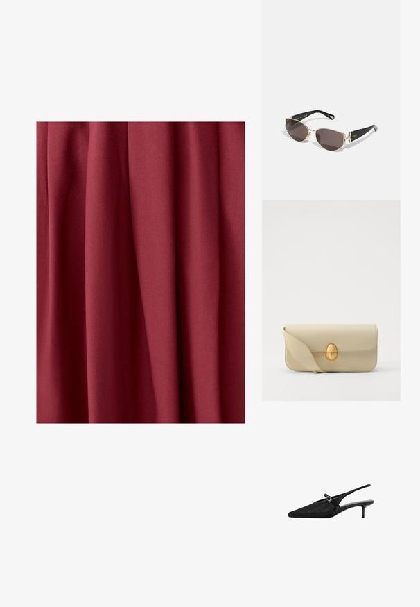 Burgundska tkanina z mehko teksturo, ki se vizualno odvija, z nevidnimi gubami in gladkim zaključkom, primerna za oblačila ali tapeciranje.; Črne slingback pete s koničastimi prsti, teksturirano mrežasto zgornje delo, ožji nastavljiv trak z vgraviranim sponko in 5 cm stiletto pete.; Črne in zlate sončne očala z ozkim ovalnim okvirjem, temnimi lečami in dekorativnimi elementi na templjih. Lahka in elegantna zasnova.; Bež torbica iz usnja z gladko teksturo, pravokotne oblike in z zlatim ovalnim zapenjanjem. Ima dolgo, nastavljivo naramnico.; Bež torbica iz usnja z gladko teksturo, pravokotne oblike in z zlatim ovalnim zapenjanjem. Ima dolgo, nastavljivo naramnico.