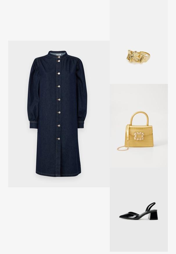 Tumši zili džinsa kleita ar mandarina apkakli, garām puff piedurknēm un pogu aizdari priekšā, kas rotāta ar sudraba piederumiem un smalku šuvēm.; Melna lakota āda ar atvērto papēdi, ar smailu purngalu un ģeometrisku blokpapēdi. Iezīmējas elegants, minimāls dizains un gluda tekstūra.; Dzeltena mākslīgā krokodila roku soma ar strukturētu dizainu, augšējo rokturi, noņemamu ķēdes siksniņu un dekoratīvām kristāla rotājumiem aizdares daļā.; Zelta gredzens ar teksturētu, viļņotu dizainu, kas rotāts ar trim izteiktām virsotnēm. Gluda, spīdīga virsma ar atvērtu joslu, lai to varētu pielāgot.