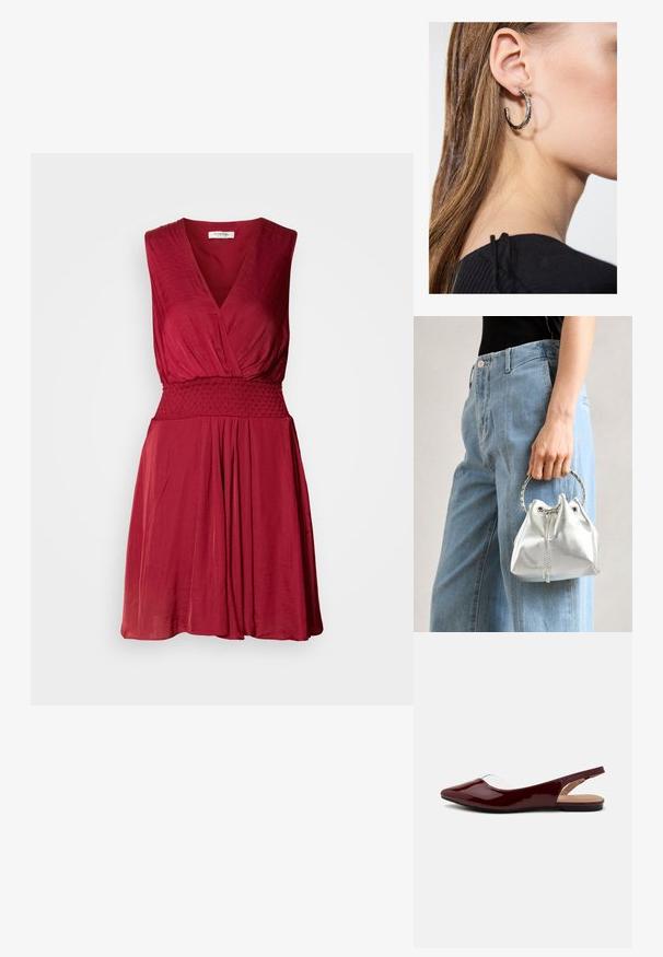 Vestido sem mangas vermelho com decote em V profundo, cintura franzida e saia fluida. Tecido suave e leve com uma textura sutil.; Sapatilhas slingback em verniz borgonha com bico fino, recorte transparente e sola preta plana. Textura suave, design minimalista.; Saco de balde prateado metálico com um acabamento texturizado, adornado com uma pega redonda prateada e fecho de cordão, segurado contra jeans azul claro.; Brinco de argola prateada com acabamento polido, apresentando pequenos detalhes em dourado e uma forma redonda, usado na orelha.