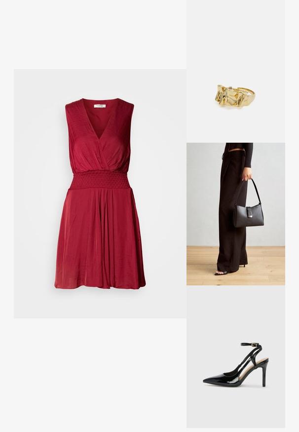 Raudona be rankovių suknelė su giliais V formos iškirpimu, smulkia juosmens dalimi ir pūkuota sijonu. Minkšta, lengva medžiaga su subtilia tekstūra.; Juodas patentuotas odinis aukštakulnis batelis su siauru pirštu, reguliuojama kulkšnies juosta ir atvirais šonais. Lygi tekstūra.; Juodas rankinė struktūrizuota forma, lygi tekstūra ir metalinis užsegimas. Suporuota su plačiomis juodomis kelnėmis ir atvirais bateliais ant medinių grindų.; Aukso žiedas su tekstūruotu, banguotu dizainu, turintis tris iškilias viršūnes. Lygus, blizgus paviršius su atviromis juostelėmis, leidžiančiomis reguliuoti dydį.