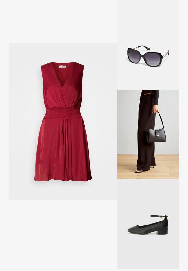 Rochie roșie fără mâneci, cu decolteu adânc în V, talie elastică și fustă fluidă. Material moale, ușor, cu o textură subtilă.; Pantof cu toc negru din piele, cu vârf ascuțit și toc mic pătrat. Dispune de o curea la gleznă cu o cataramă în tonuri de aur. Textură netedă.; Ochelari de soare negri, supradimensionați, cu lentile degradate, rame groase și detalii cu lanț de ton auriu pe brațele templului.; Genți negre cu o formă structurată, textură netedă și un închizător metalic. Asortată cu pantaloni negri largi și sandale cu vârf deschis pe un podea din lemn.