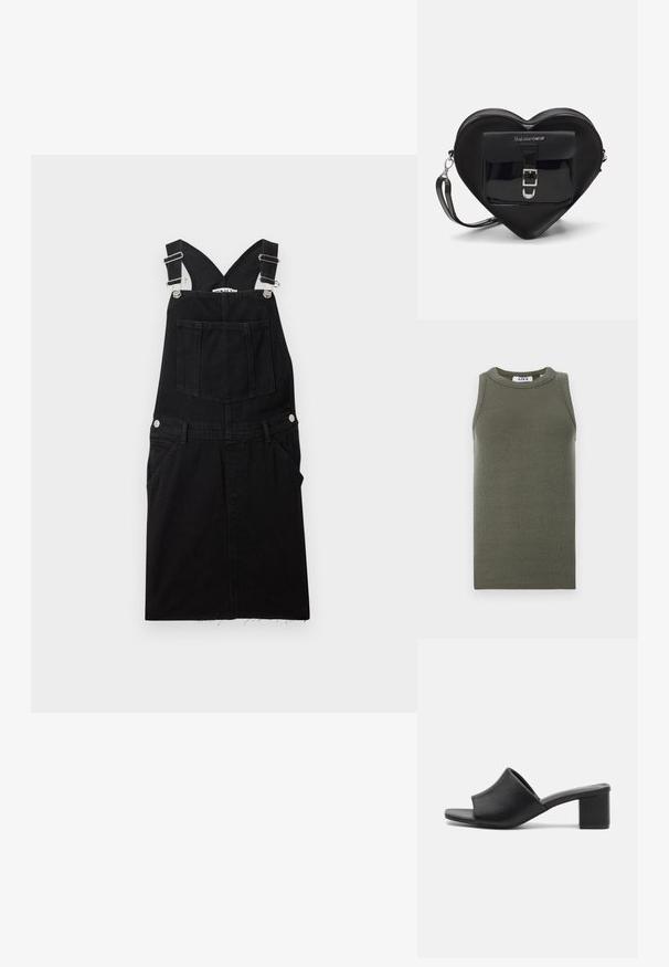 Juodas denimo kombinezonas su reguliuojamomis petnešomis, priekinė kišenė ir šoniniai kišenės. Yra tiesaus kirpimo ir su nusiplovusiu kraštu.; Alyvuogių žalios, be rankovių marškinėliai, pagaminti iš juostuoto audinio. Turi apvalų iškirpimą ir tiesų apatinį kraštą. Prekės ženklas matomas viduje.; Juodi odiniai mules su blokuoto kulno, atviru pirštu, kuriais galima mėgautis sklandžiu paviršiumi ir šiek tiek užlenktu viršumi, užtikrinančiu komfortą ir stilių.; Juodas širdelės formos maišelis, pagamintas iš lakinės odos, su priekinėmis kišenėmis, uždarančiomis sagtimi ir nuimamu dirželiu. Sidabro spalvos detalės.